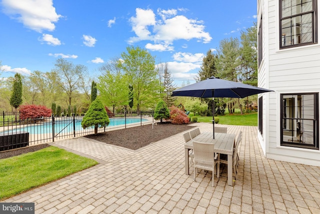 view of patio / terrace featuring a fenced in pool, outdoor dining area, and fence