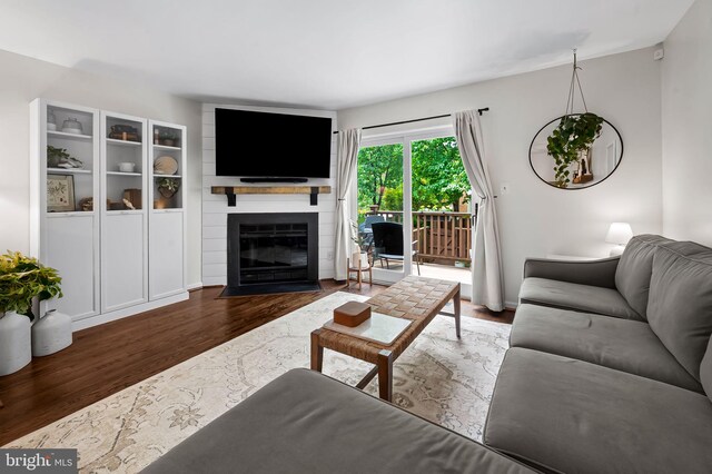 living area featuring wood finished floors and a fireplace
