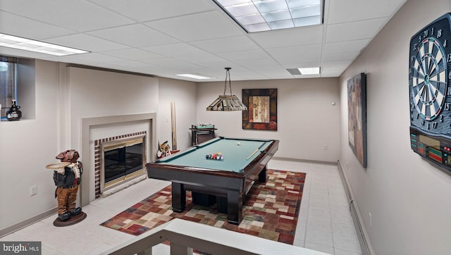 game room featuring tile patterned floors, a paneled ceiling, baseboards, pool table, and visible vents