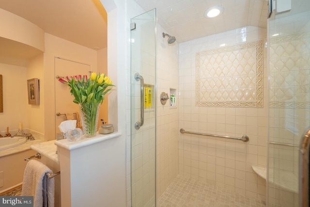 full bath with vanity, a stall shower, and recessed lighting