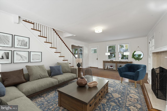 living area featuring stairs, crown molding, dark wood finished floors, and a fireplace