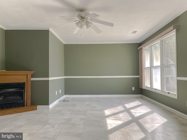 unfurnished living room with crown molding, ceiling fan, visible vents, and baseboards