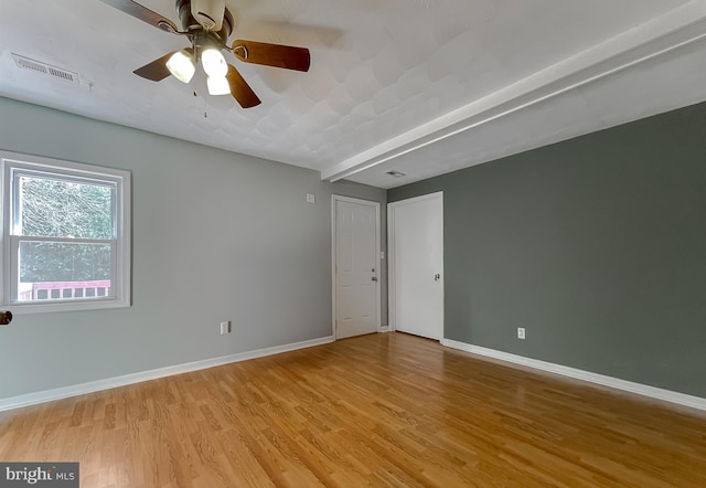 unfurnished room with baseboards, visible vents, ceiling fan, and light wood-style floors