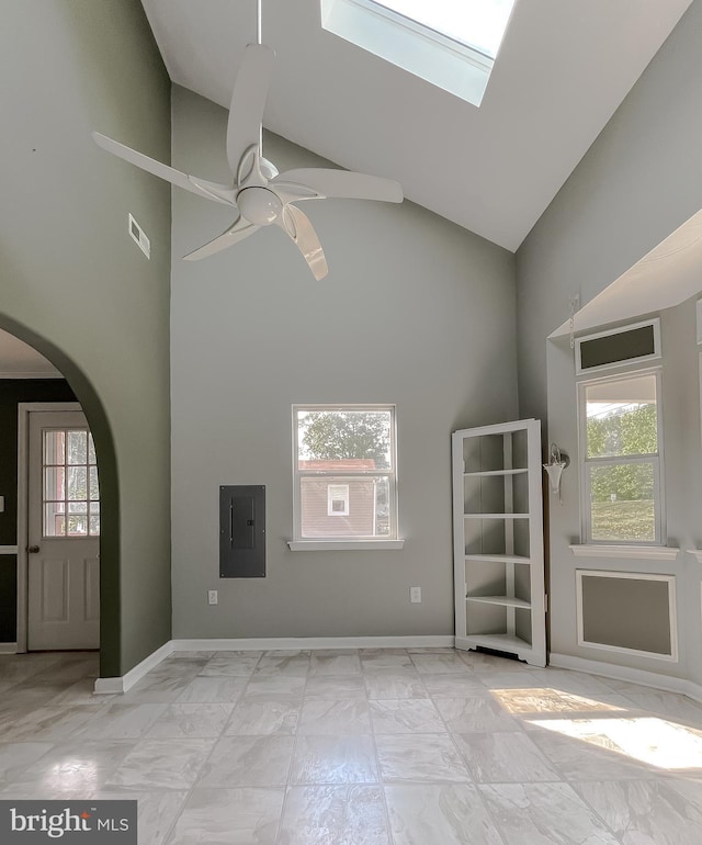 entrance foyer with high vaulted ceiling, plenty of natural light, a ceiling fan, visible vents, and electric panel
