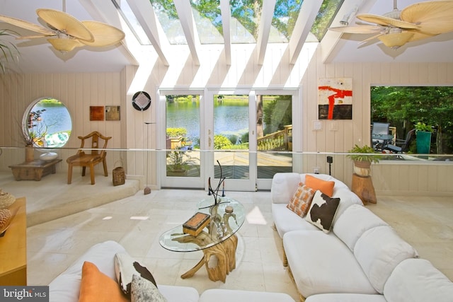 11566 Lake Newport Rd, Reston, VA 20194 - living area featuring a water view, wooden walls, and ceiling fan