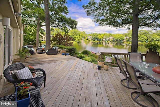 11566 Lake Newport Rd, Reston, VA 20194 - wooden deck featuring a water view, an outdoor hangout area, and outdoor dining area