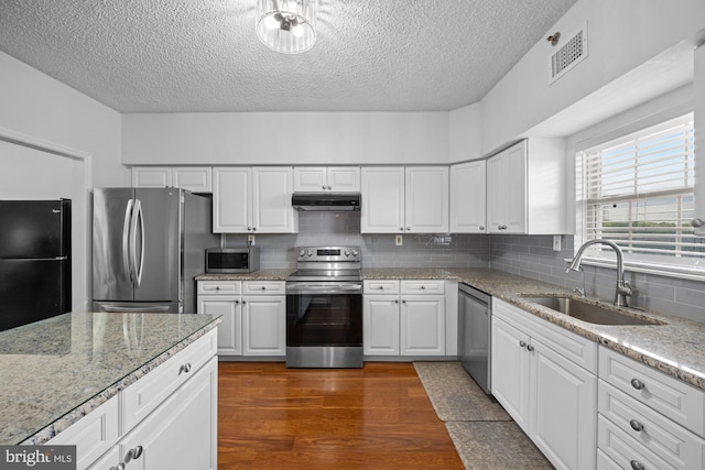 kitchen with a sink, appliances with stainless steel finishes, under cabinet range hood, and a textured ceiling