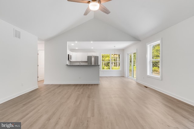 unfurnished living room with a ceiling fan, visible vents, baseboards, light wood finished floors, and recessed lighting