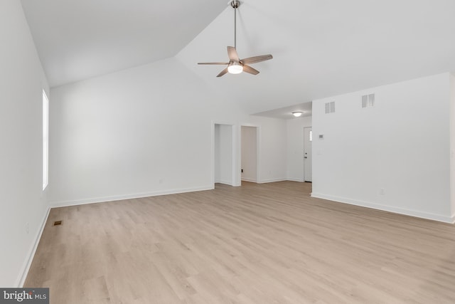 unfurnished living room with light wood-style floors, high vaulted ceiling, ceiling fan, and visible vents