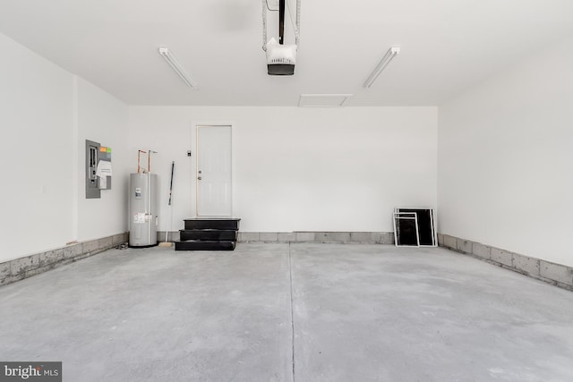 garage featuring a garage door opener, water heater, and electric panel