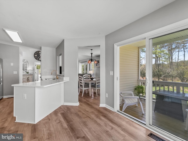 kitchen featuring a sink, light countertops, plenty of natural light, and wood finished floors