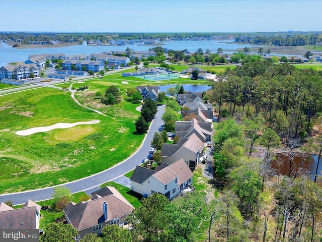 aerial view with a water view, a residential view, and golf course view