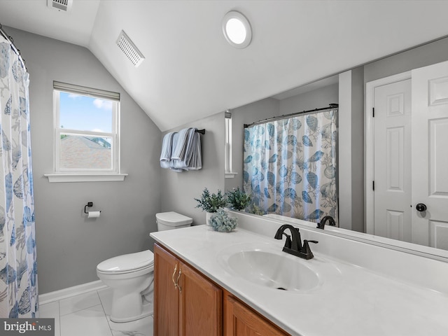 full bathroom featuring visible vents, tile patterned flooring, vanity, lofted ceiling, and toilet