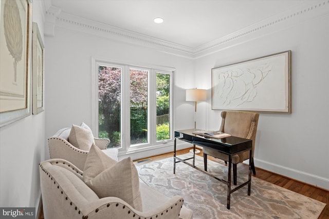 3233 Ellicott St NW, Washington, DC 20008 - office featuring wood finished floors, visible vents, recessed lighting, crown molding, and baseboards