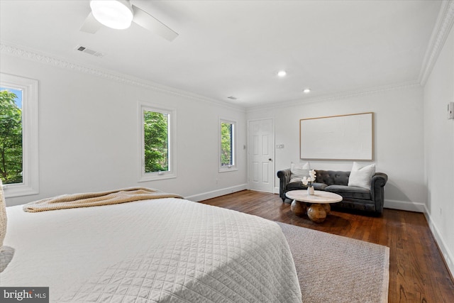 3233 Ellicott St NW, Washington, DC 20008 - bedroom featuring baseboards, dark wood finished floors, ceiling fan, visible vents, and crown molding