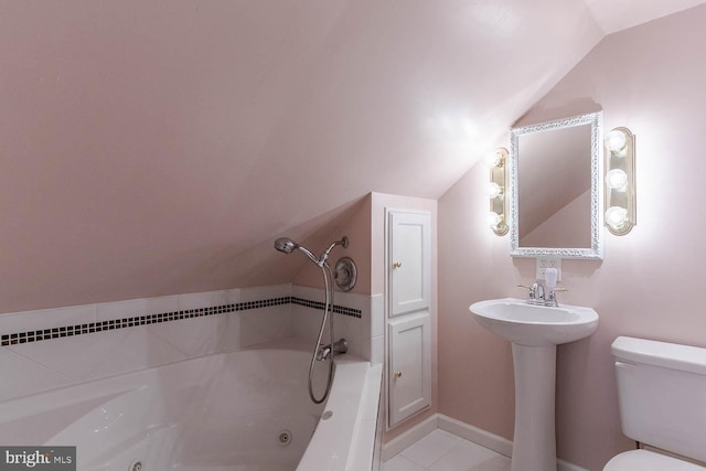 1724 E Branch Rd, State College, PA 16801 - full bath featuring lofted ceiling, a tub with jets, toilet, tile patterned floors, and baseboards