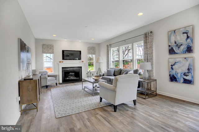 living area featuring baseboards, a healthy amount of sunlight, and light wood-style floors