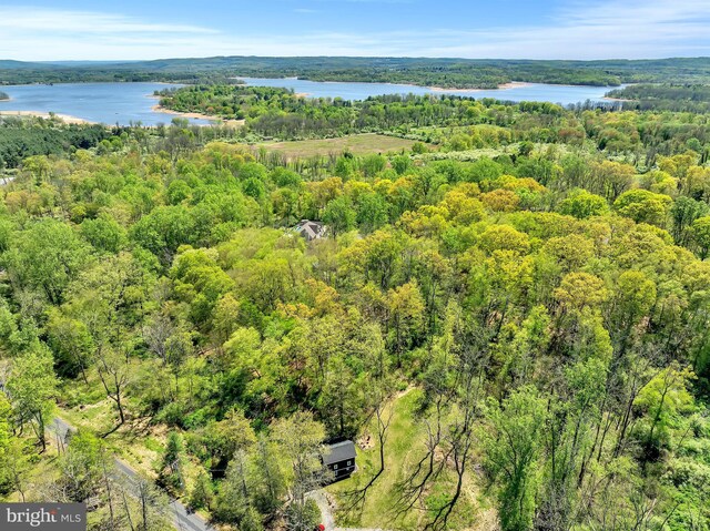 aerial view featuring a water view and a wooded view