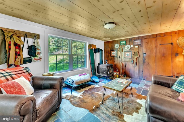 living area with wooden walls, wood ceiling, and a wood stove