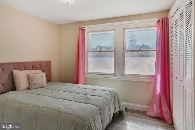 bedroom featuring baseboards, multiple windows, wood finished floors, and a closet
