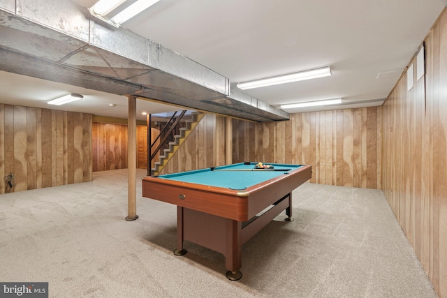 4 Sunflower Ct, Newtown, PA 18940 - rec room featuring carpet floors, wood walls, and billiards