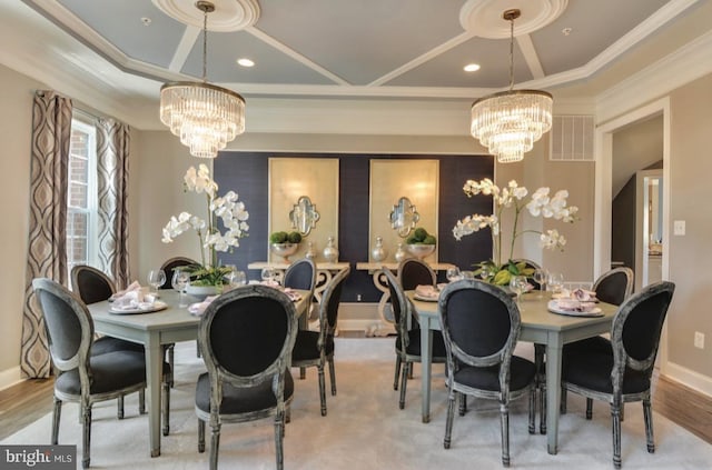 17905 Queen Anne Rd, Upper Marlboro, MD 20774 - dining space featuring recessed lighting, a notable chandelier, ornamental molding, and visible vents