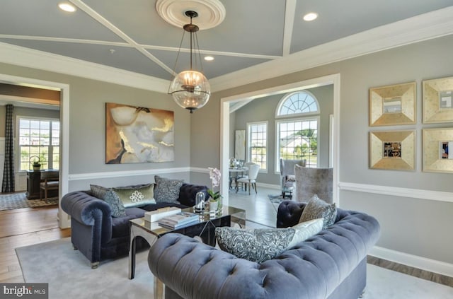 17905 Queen Anne Rd, Upper Marlboro, MD 20774 - living room with an inviting chandelier, recessed lighting, baseboards, wood finished floors, and ornamental molding