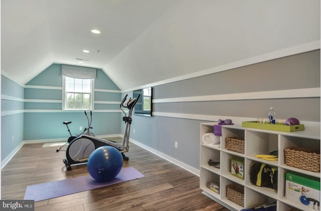 17905 Queen Anne Rd, Upper Marlboro, MD 20774 - workout room featuring recessed lighting, baseboards, vaulted ceiling, and wood finished floors