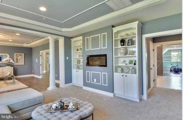 17905 Queen Anne Rd, Upper Marlboro, MD 20774 - living area featuring ornate columns, crown molding, baseboards, and carpet floors