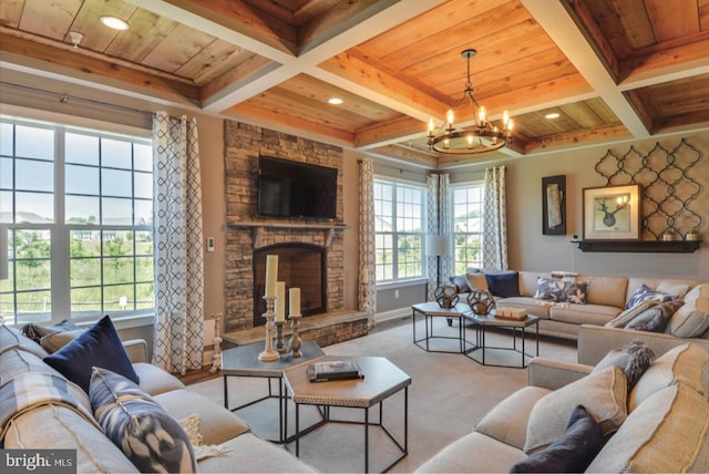 17905 Queen Anne Rd, Upper Marlboro, MD 20774 - living area with wooden ceiling, coffered ceiling, and a notable chandelier