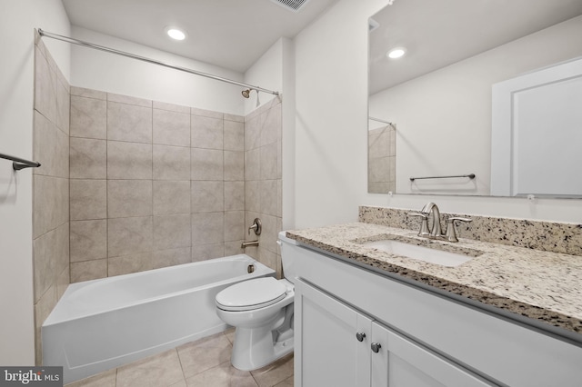 bathroom with tile patterned flooring, bathtub / shower combination, vanity, toilet, and recessed lighting