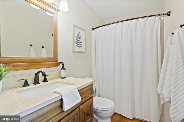 bathroom with toilet, a shower with curtain, and vanity