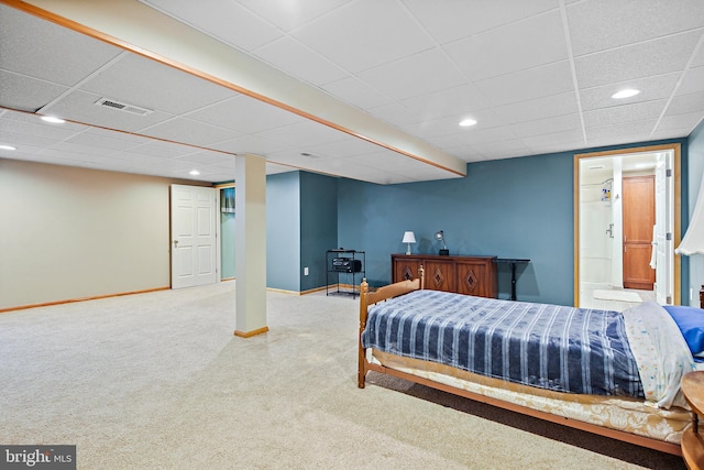 bedroom featuring carpet, recessed lighting, a paneled ceiling, and visible vents