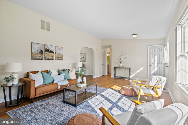 living room featuring baseboards, visible vents, a wealth of natural light, and wood finished floors