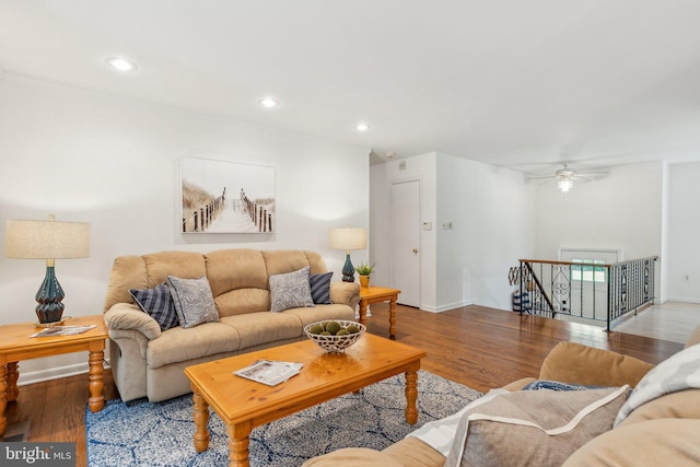 1406 Catlyn Pl, Annapolis, MD 21401 - living area featuring wood finished floors, baseboards, recessed lighting, and ceiling fan