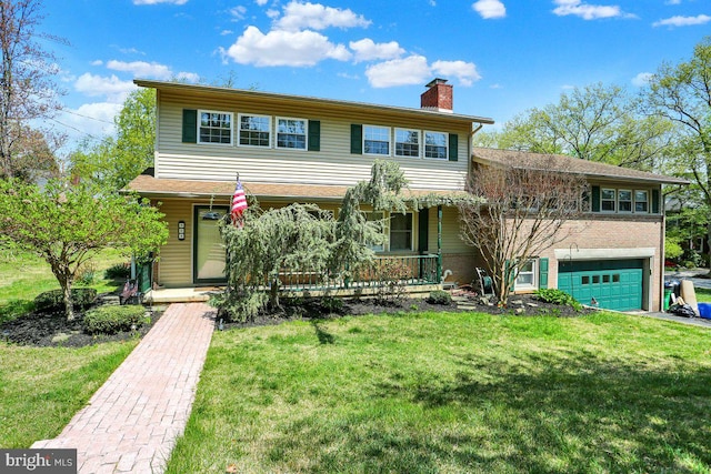 view of front of property featuring a garage, covered porch, a chimney, and a front yard