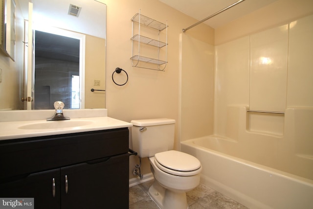 bathroom featuring visible vents, tile patterned flooring, vanity, toilet, and tub / shower combination