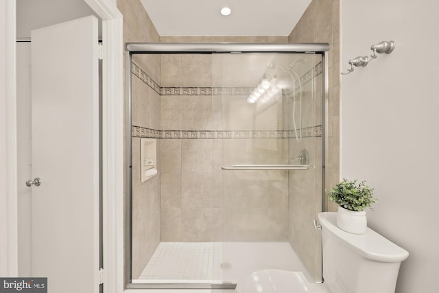 bathroom featuring toilet and a stall shower