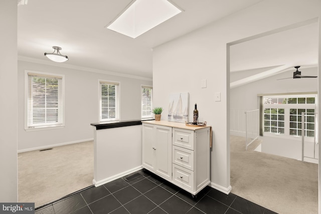 bar with ornamental molding, dark carpet, baseboards, ceiling fan, and a skylight