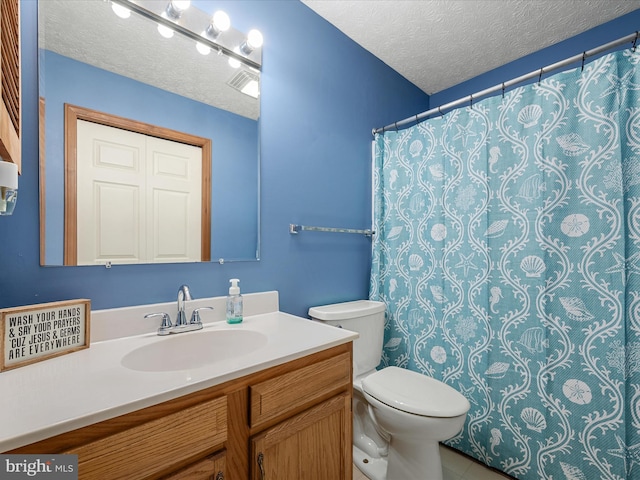 125 Ender Dr, Moorefield, WV 26836 - bathroom featuring a textured ceiling, toilet, vanity, tile patterned flooring, and curtained shower
