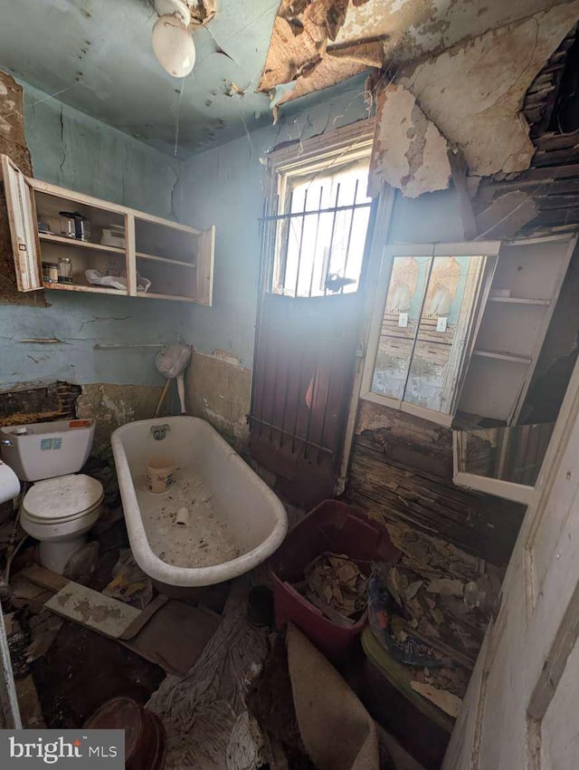 bathroom with a freestanding tub and toilet