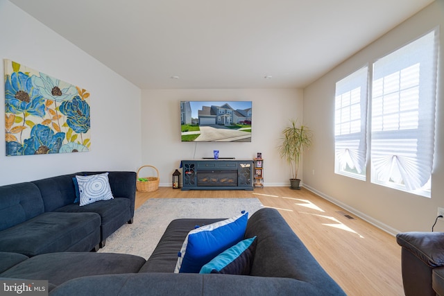 living area with baseboards, visible vents, and wood finished floors