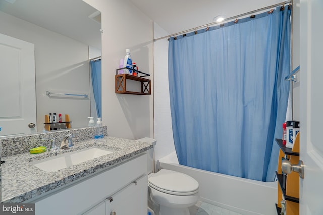 full bathroom featuring vanity, toilet, and shower / bathtub combination with curtain