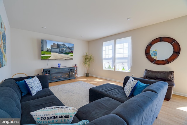 living room with baseboards and wood finished floors