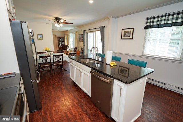 kitchen with a sink, appliances with stainless steel finishes, crown molding, and a ceiling fan