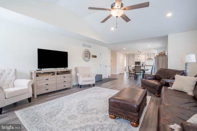 131 Chinaberry Way, Kunkletown, PA 18058 - living area with visible vents, lofted ceiling, wood finished floors, ceiling fan, and recessed lighting