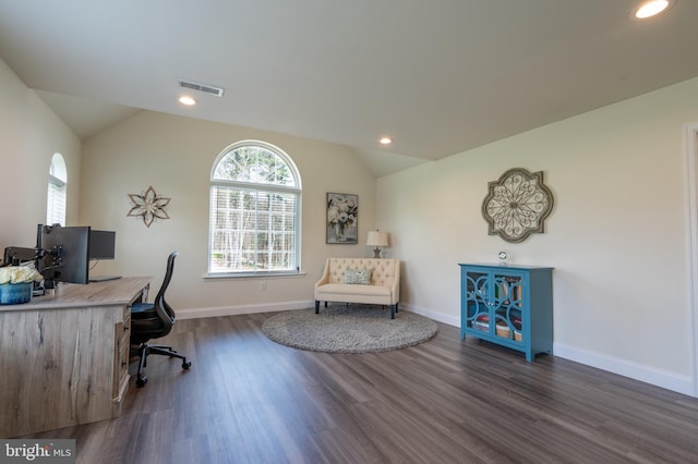 131 Chinaberry Way, Kunkletown, PA 18058 - office area featuring dark wood-style flooring, baseboards, vaulted ceiling, and visible vents