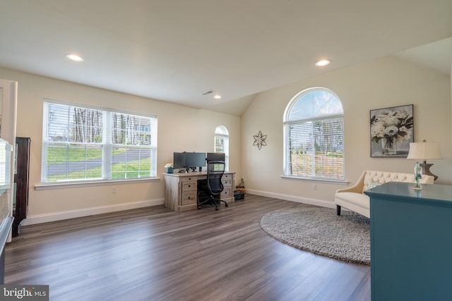 131 Chinaberry Way, Kunkletown, PA 18058 - office area featuring recessed lighting, baseboards, wood finished floors, lofted ceiling, and visible vents