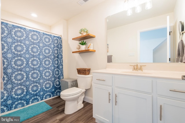 131 Chinaberry Way, Kunkletown, PA 18058 - bathroom featuring a shower with curtain, visible vents, wood finished floors, vanity, and toilet