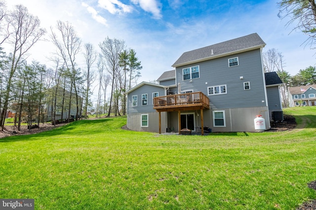 131 Chinaberry Way, Kunkletown, PA 18058 - rear view of property featuring a lawn, a wooden deck, and central air condition unit